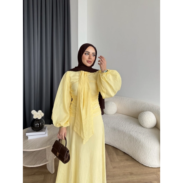 Qu - Salkım Belden Oturtmalı Elbise - Sarı