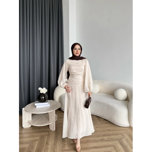 Qu - Salkım Belden Oturtmalı Elbise - Bej