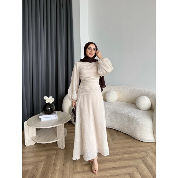 Qu - Salkım Belden Oturtmalı Elbise - Bej