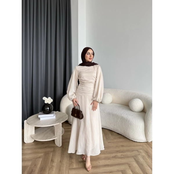 Qu - Salkım Belden Oturtmalı Elbise - Bej