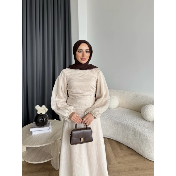 Qu - Salkım Belden Oturtmalı Elbise - Bej