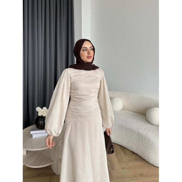 Qu - Salkım Belden Oturtmalı Elbise - Bej