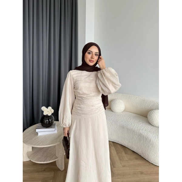 Qu - Salkım Belden Oturtmalı Elbise - Bej