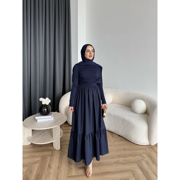 Hen - Helen Büzgülü Sandy Poplin Elbise - Lacivert