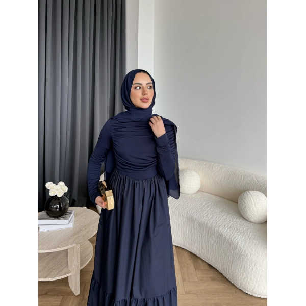 Hen - Helen Büzgülü Sandy Poplin Elbise - Lacivert