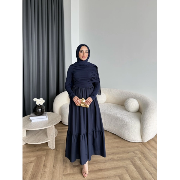 Hen - Helen Büzgülü Sandy Poplin Elbise - Lacivert