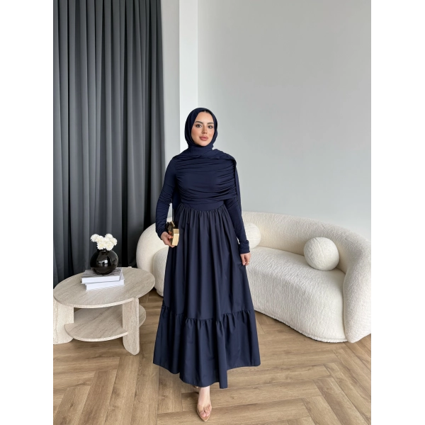 Hen - Helen Büzgülü Sandy Poplin Elbise - Lacivert