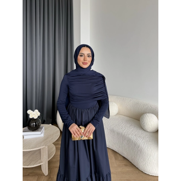 Hen - Helen Büzgülü Sandy Poplin Elbise - Lacivert