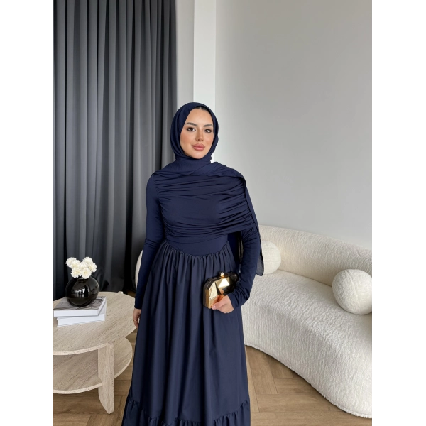 Hen - Helen Büzgülü Sandy Poplin Elbise - Lacivert