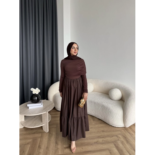 Hen - Helen Büzgülü Sandy Poplin Elbise - Acı Kahve