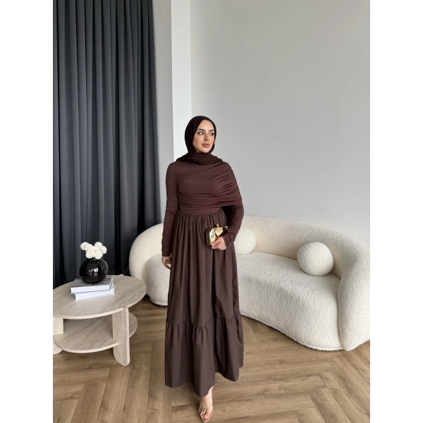 Hen - Helen Büzgülü Sandy Poplin Elbise - Acı Kahve