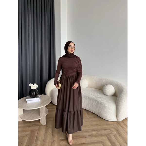 Hen - Helen Büzgülü Sandy Poplin Elbise - Acı Kahve