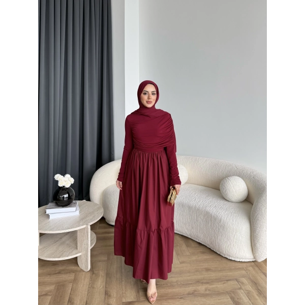 Hen - Helen Büzgülü Sandy Poplin Elbise - Bordo