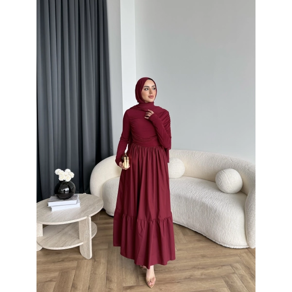 Hen - Helen Büzgülü Sandy Poplin Elbise - Bordo
