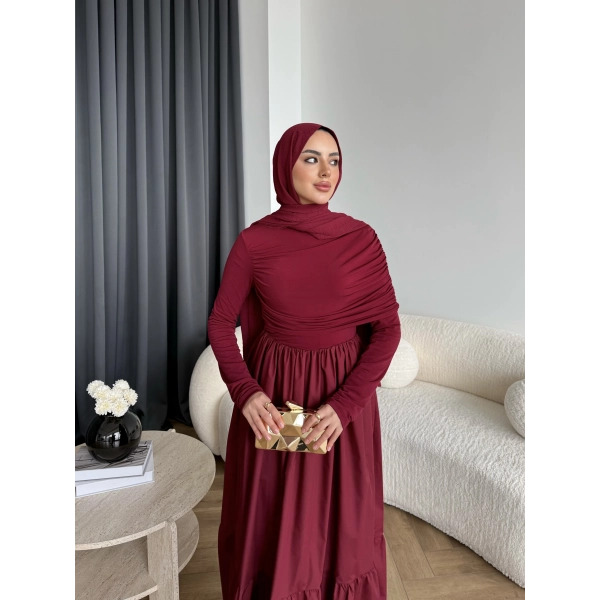 Hen - Helen Büzgülü Sandy Poplin Elbise - Bordo