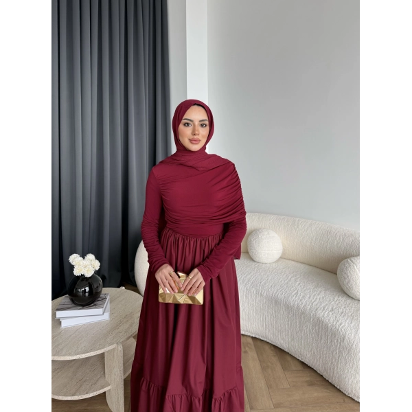 Hen - Helen Büzgülü Sandy Poplin Elbise - Bordo