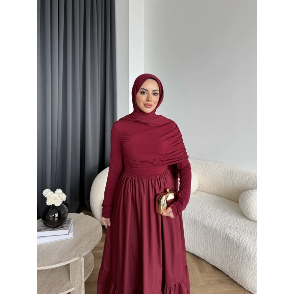 Hen - Helen Büzgülü Sandy Poplin Elbise - Bordo