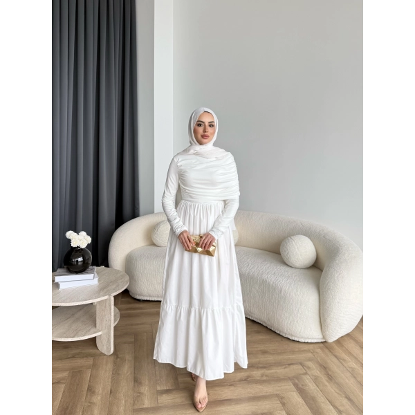 Hen - Helen Büzgülü Sandy Poplin Elbise - Beyaz