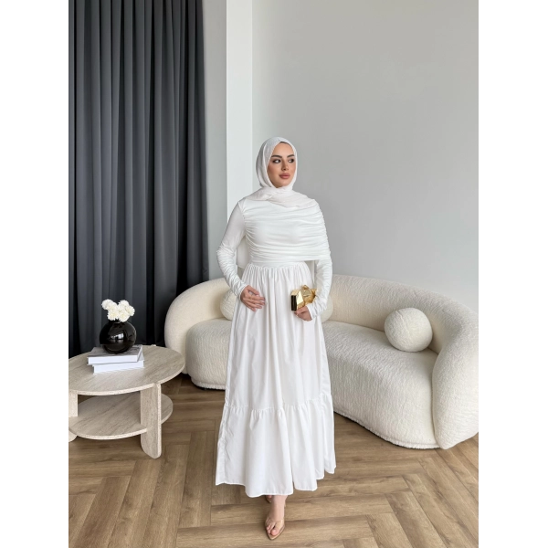 Hen - Helen Büzgülü Sandy Poplin Elbise - Beyaz