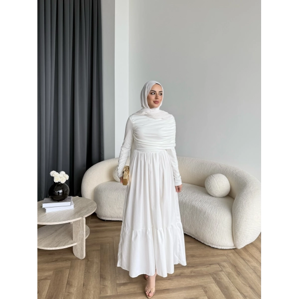 Hen - Helen Büzgülü Sandy Poplin Elbise - Beyaz