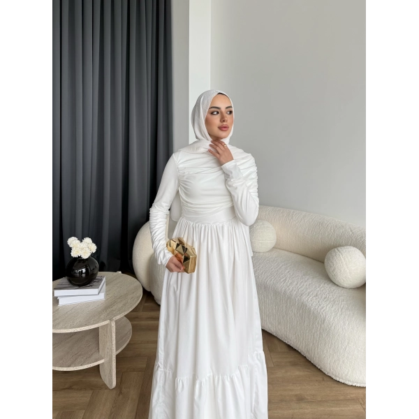 Hen - Helen Büzgülü Sandy Poplin Elbise - Beyaz