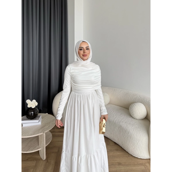 Hen - Helen Büzgülü Sandy Poplin Elbise - Beyaz