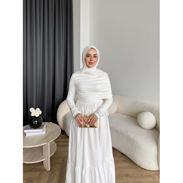 Hen - Helen Büzgülü Sandy Poplin Elbise - Beyaz