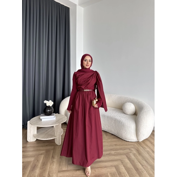 Hen - Aven Şal Detay Sandy Poplin Elbise - Bordo