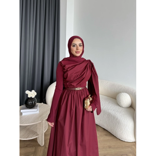 Hen - Aven Şal Detay Sandy Poplin Elbise - Bordo