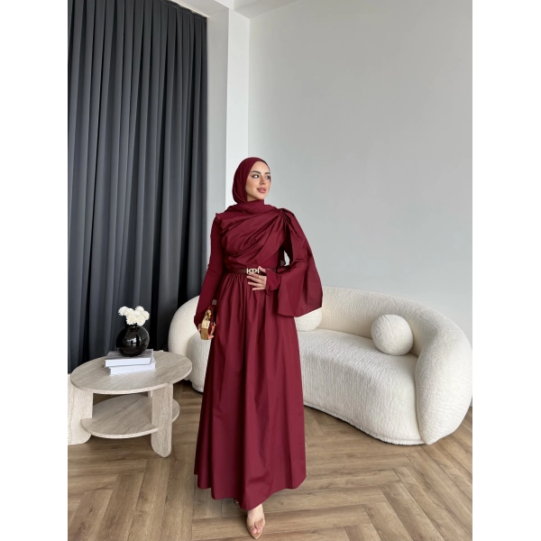 Hen - Aven Şal Detay Sandy Poplin Elbise - Bordo