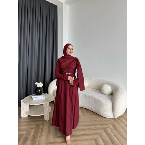 Hen - Aven Şal Detay Sandy Poplin Elbise - Bordo