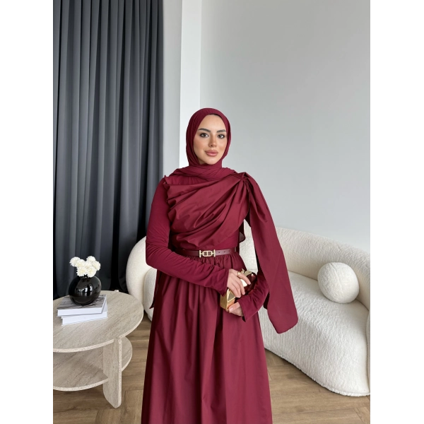 Hen - Aven Şal Detay Sandy Poplin Elbise - Bordo