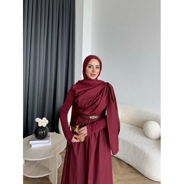 Hen - Aven Şal Detay Sandy Poplin Elbise - Bordo