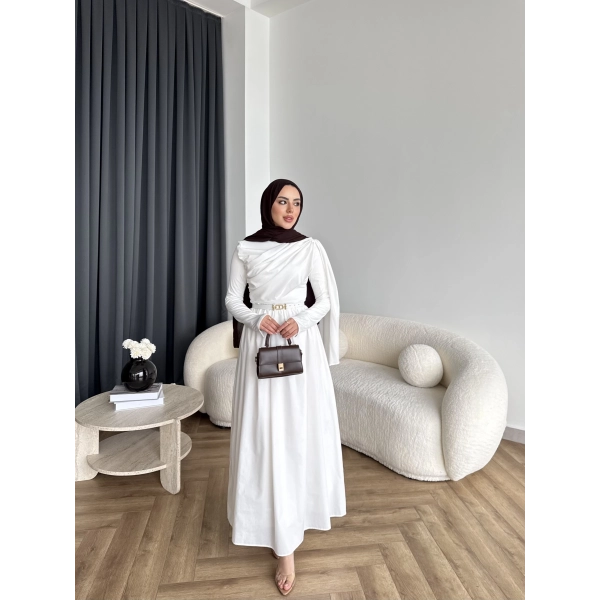 Hen - Aven Şal Detay Sandy Poplin Elbise - Beyaz