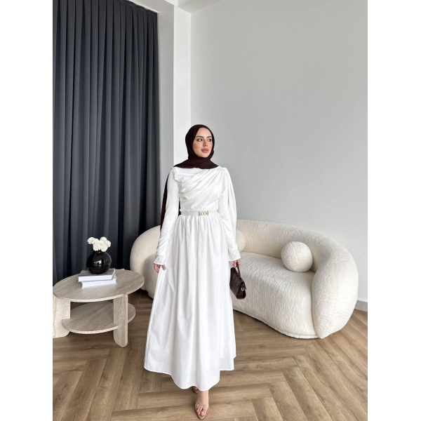 Hen - Aven Şal Detay Sandy Poplin Elbise - Beyaz