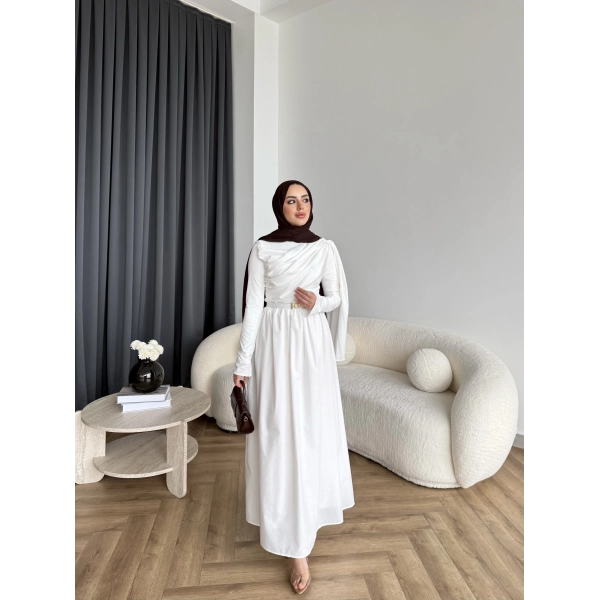 Hen - Aven Şal Detay Sandy Poplin Elbise - Beyaz