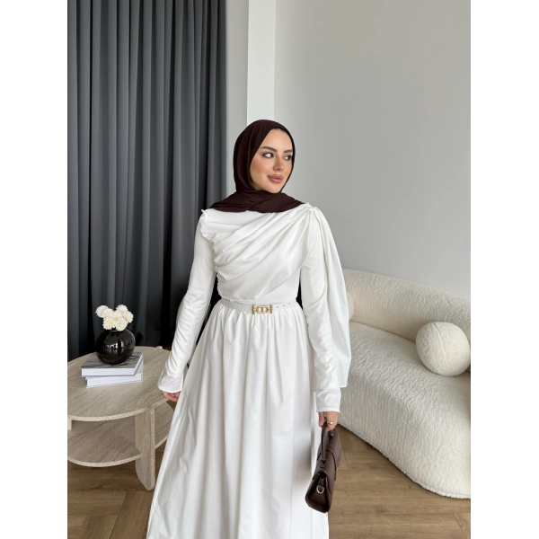 Hen - Aven Şal Detay Sandy Poplin Elbise - Beyaz