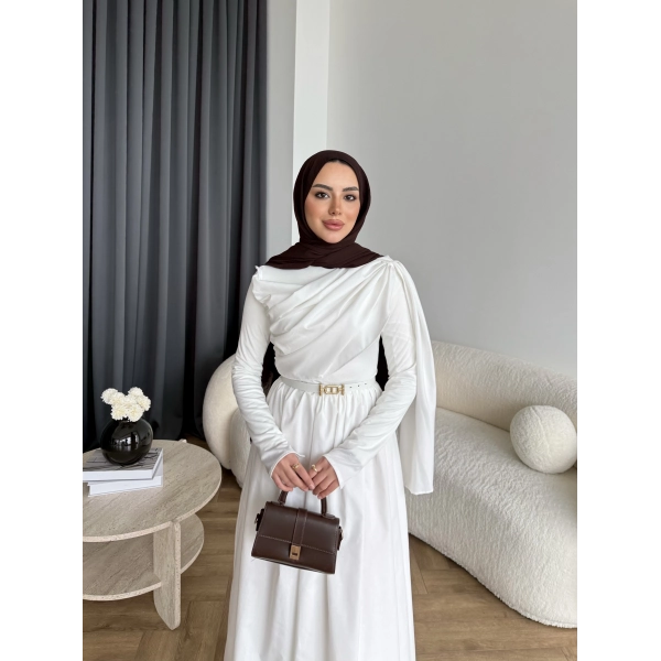 Hen - Aven Şal Detay Sandy Poplin Elbise - Beyaz