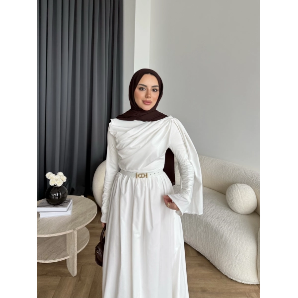 Hen - Aven Şal Detay Sandy Poplin Elbise - Beyaz