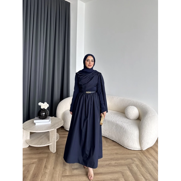 Hen - Aven Şal Detay Sandy Poplin Elbise - Lacivert