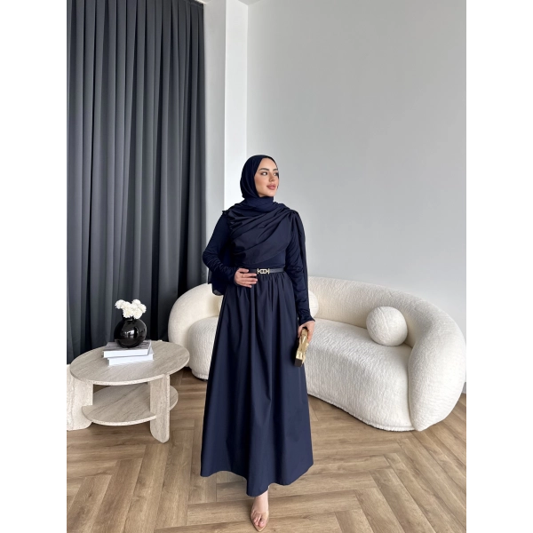Hen - Aven Şal Detay Sandy Poplin Elbise - Lacivert