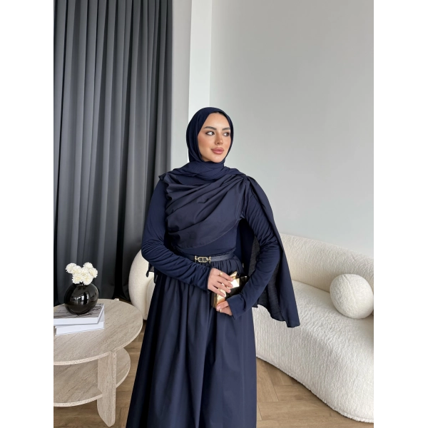 Hen - Aven Şal Detay Sandy Poplin Elbise - Lacivert