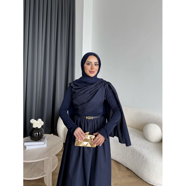 Hen - Aven Şal Detay Sandy Poplin Elbise - Lacivert