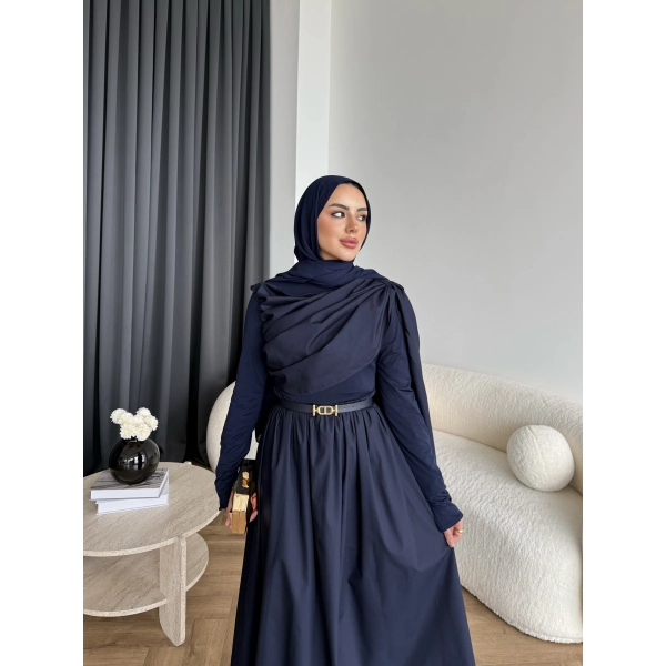 Hen - Aven Şal Detay Sandy Poplin Elbise - Lacivert