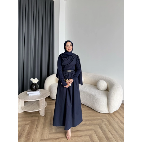 Hen - Aven Şal Detay Sandy Poplin Elbise - Lacivert