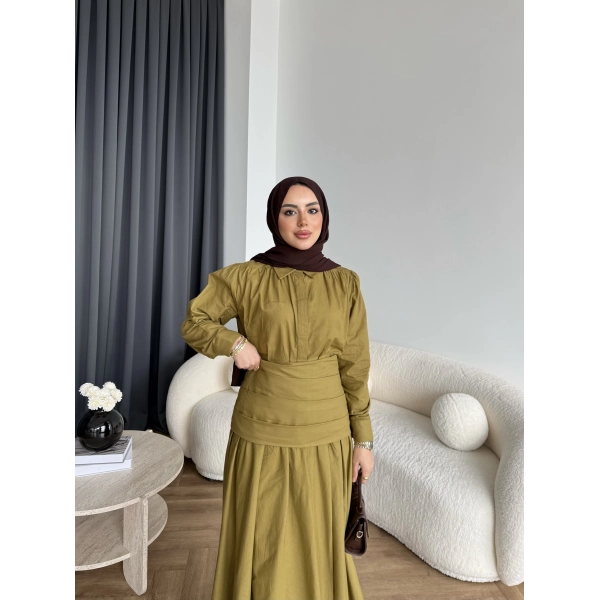 Tb - Veran Bel Detay Etekli Takım - Yağ Yeşili