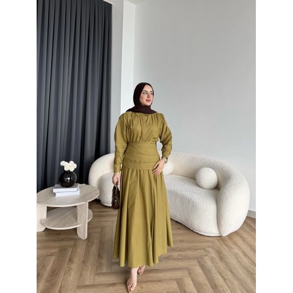 Tb - Veran Bel Detay Etekli Takım - Yağ Yeşili