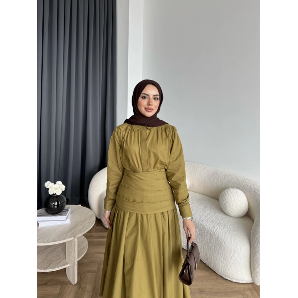 Tb - Veran Bel Detay Etekli Takım - Yağ Yeşili