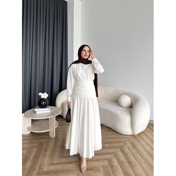 Tb - Veran Bel Detay Etekli Takım - Beyaz