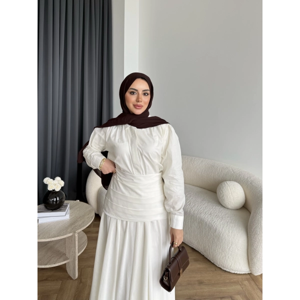 Tb - Veran Bel Detay Etekli Takım - Beyaz